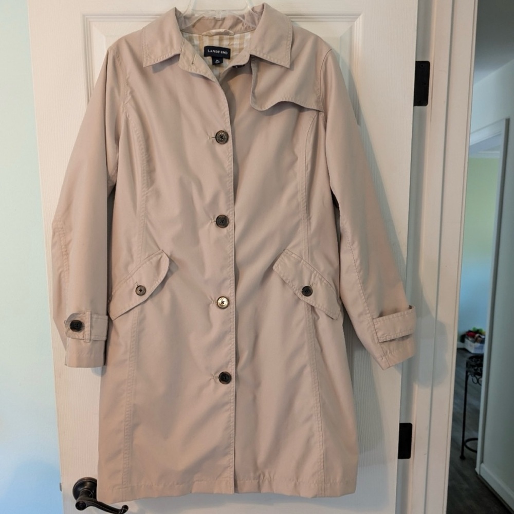 LANDS END Beige Beltless Mac Style Trench Coat 10-12 size Medium